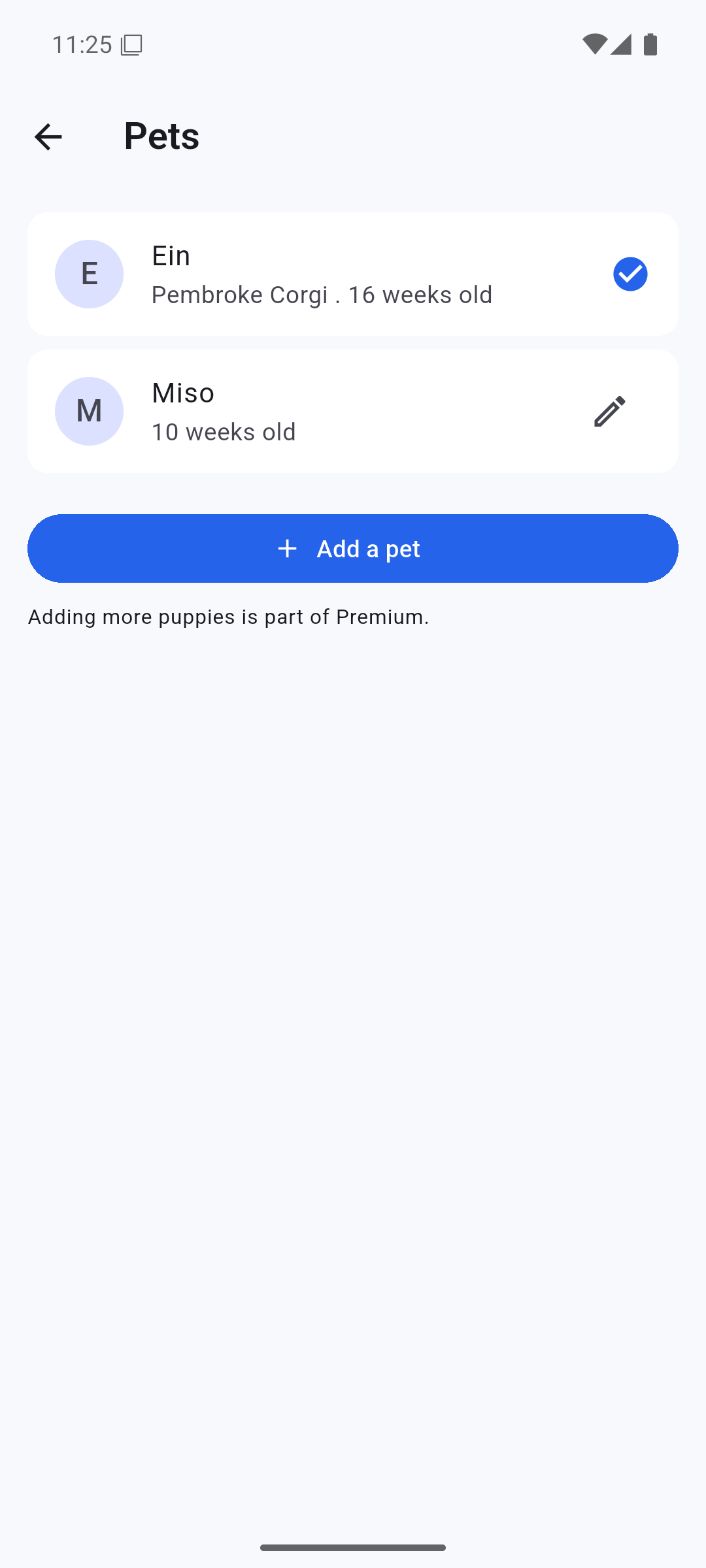 Pets screen listing two puppies with the active one marked