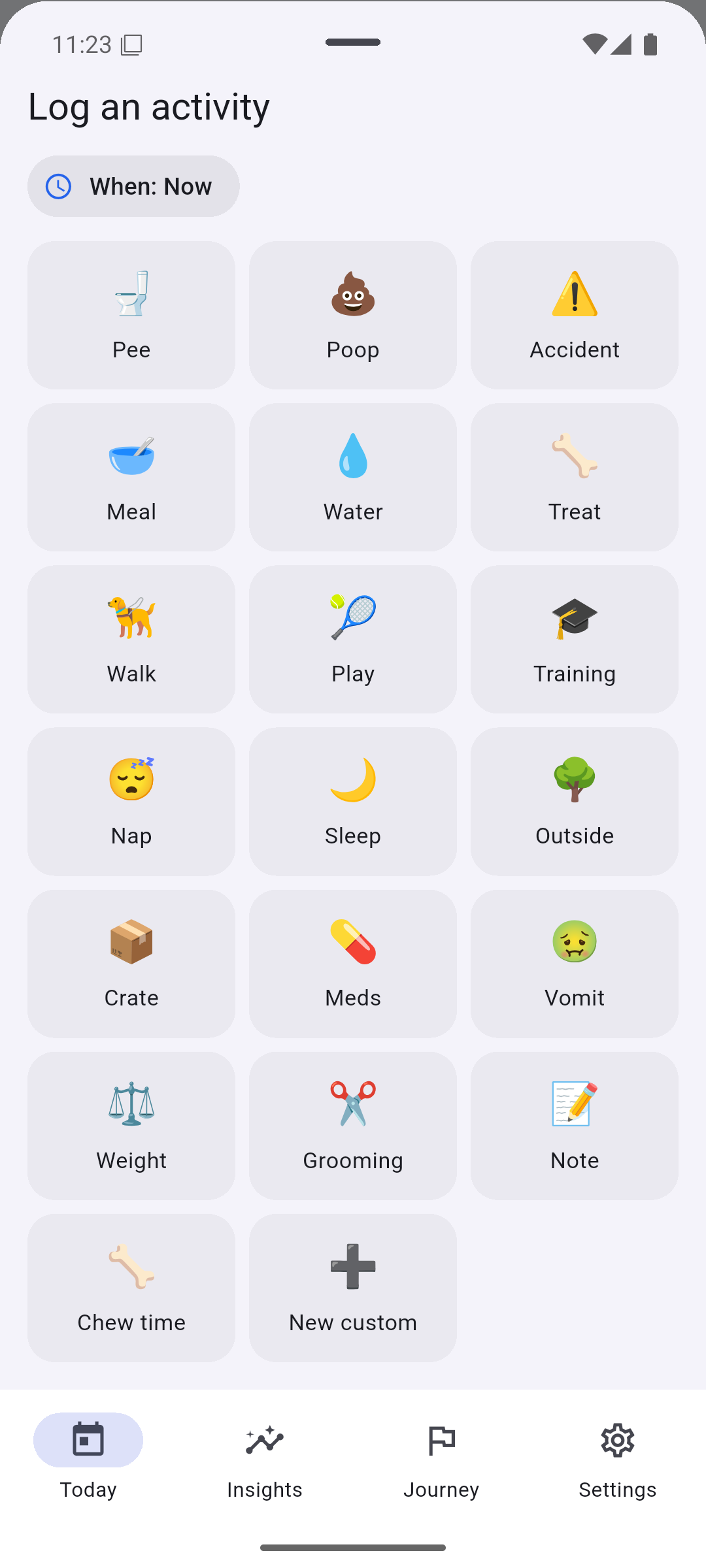 The quick log sheet, with activity tiles for potty, meals, naps, and more