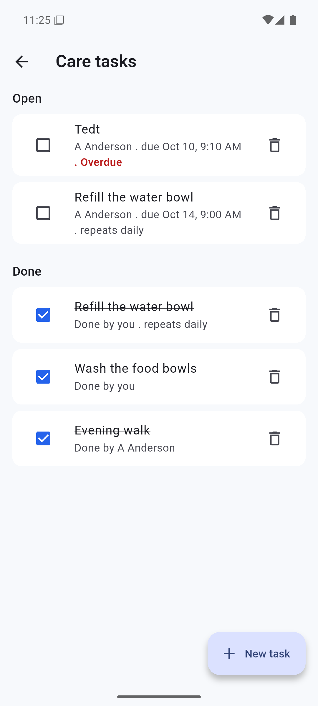 Care tasks screen with open tasks and assignments