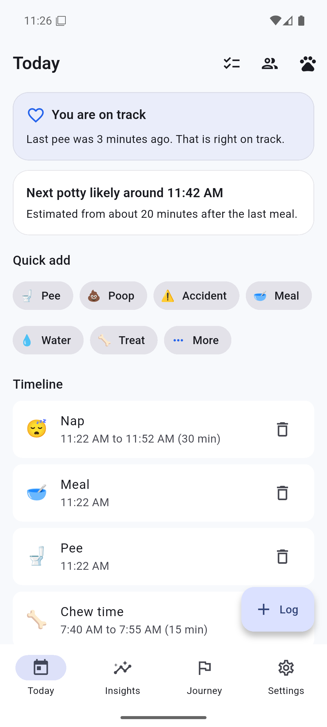 The PuppyPulse Today screen, showing a reassurance card, potty estimate, quick add chips, and today's timeline